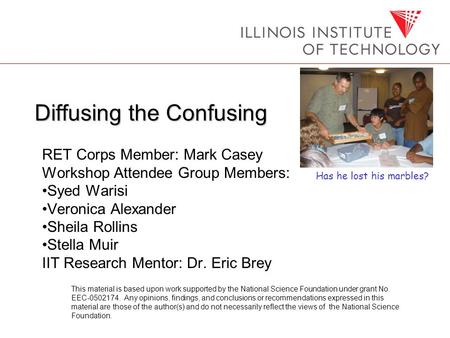 Diffusing the Confusing RET Corps Member: Mark Casey Workshop Attendee Group Members: Syed Warisi Veronica Alexander Sheila Rollins Stella Muir IIT Research.