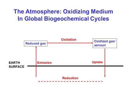 The Atmosphere: Oxidizing Medium In Global Biogeochemical Cycles EARTH SURFACE Emission Reduced gas Oxidized gas/ aerosol Oxidation Uptake Reduction.