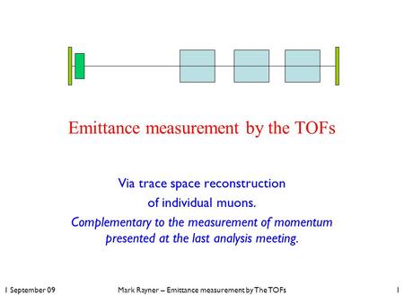 1 September 09Mark Rayner – Emittance measurement by The TOFs1 Emittance measurement by the TOFs Via trace space reconstruction of individual muons. Complementary.