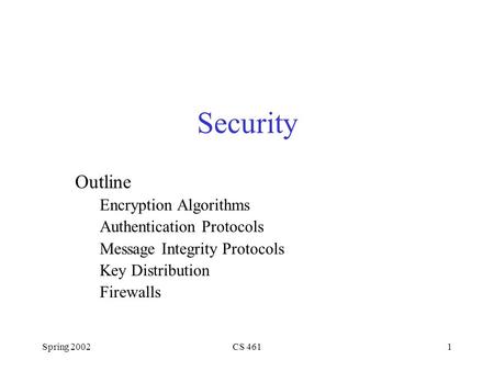 Spring 2002CS 4611 Security Outline Encryption Algorithms Authentication Protocols Message Integrity Protocols Key Distribution Firewalls.