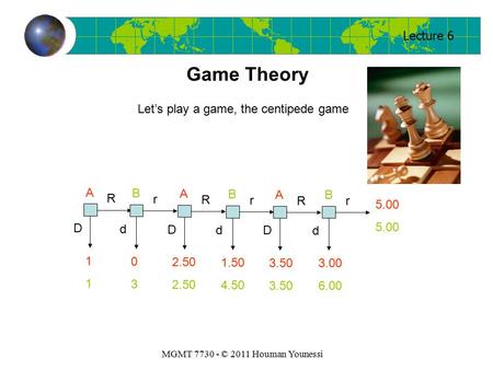 Lecture 6 MGMT 7730 - © 2011 Houman Younessi 1111 A D R 0303 B d r 2.50 A D R 1.50 4.50 B d r 3.50 A D R 3.00 6.00 B d r 5.00 Game Theory Let’s play a.