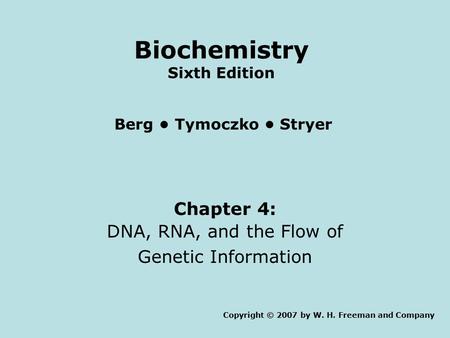 Copyright © 2007 by W. H. Freeman and Company Berg Tymoczko Stryer Biochemistry Sixth Edition Chapter 4: DNA, RNA, and the Flow of Genetic Information.