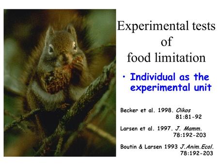 Experimental tests of food limitation Larsen et al. 1997. J. Mamm. 78:192-203 Becker et al. 1998. Oikos 81:81-92 Boutin & Larsen 1993 J.Anim.Ecol. 78:192-203.