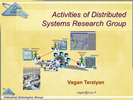 Industrial Ontologies Group Activities of Distributed Systems Research Group “Device” “Expert” “Service” Resource Agent PI GB SC Vagan Terziyan