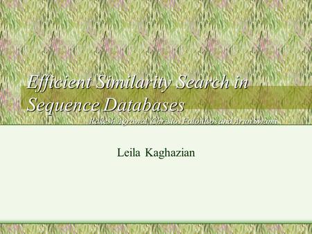 Efficient Similarity Search in Sequence Databases Rakesh Agrawal, Christos Faloutsos and Arun Swami Leila Kaghazian.