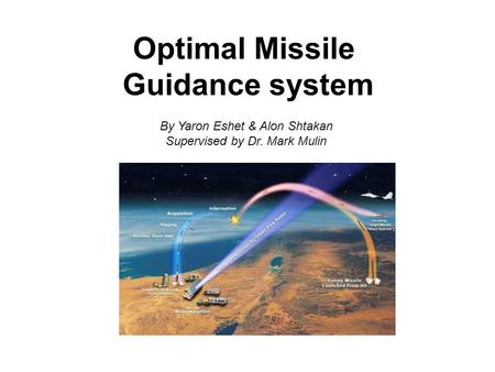 Optimal Missile Guidance system By Yaron Eshet & Alon Shtakan Supervised by Dr. Mark Mulin.