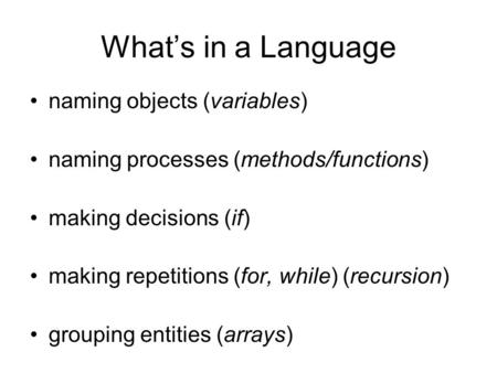 What’s in a Language naming objects (variables) naming processes (methods/functions) making decisions (if) making repetitions (for, while) (recursion)