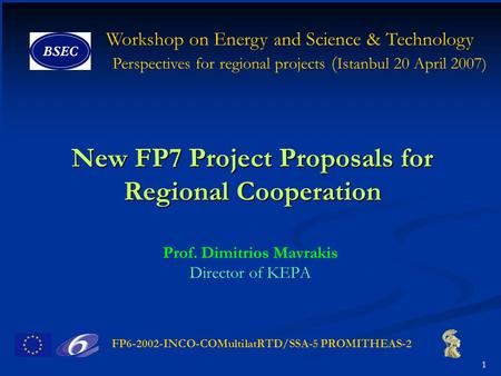 FP6-2002-INCO-COMultilatRTD/SSA-5 PROMITHEAS-2 Workshop on Energy and Science & Technology Perspectives for regional projects ( Istanbul 20 April 2007)