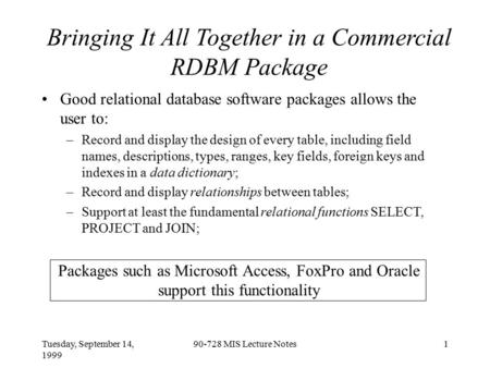 Tuesday, September 14, 1999 90-728 MIS Lecture Notes1 Bringing It All Together in a Commercial RDBM Package Good relational database software packages.