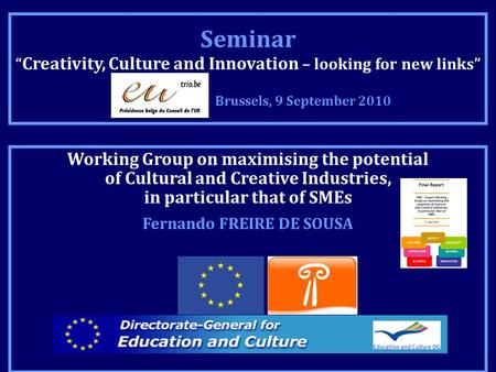Working Group on maximising the potential of Cultural and Creative Industries, in particular that of SMEs Fernando FREIRE DE SOUSA Seminar “ Creativity,