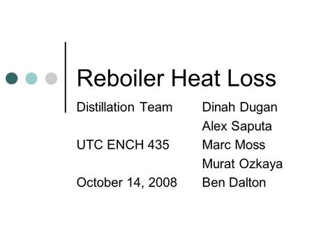 Reboiler Heat Loss Distillation TeamDinah Dugan Alex Saputa UTC ENCH 435 Marc Moss Murat Ozkaya October 14, 2008 Ben Dalton.