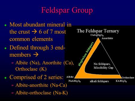 Feldspar Group Most abundant mineral in the crust  6 of 7 most common elements Defined through 3 end-members  Albite (Na), Anorthite (Ca), Orthoclase.