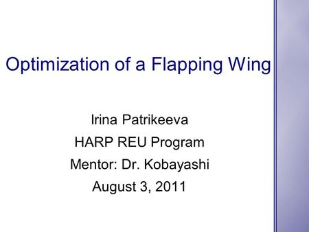 Optimization of a Flapping Wing Irina Patrikeeva HARP REU Program Mentor: Dr. Kobayashi August 3, 2011.