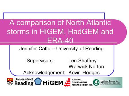 A comparison of North Atlantic storms in HiGEM, HadGEM and ERA-40 Jennifer Catto – University of Reading Supervisors: Len Shaffrey Warwick Norton Acknowledgement:
