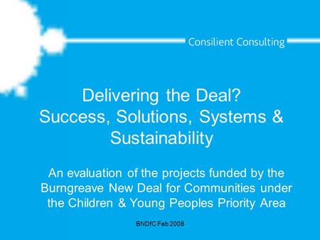 BNDfC Feb 2008 Delivering the Deal? Success, Solutions, Systems & Sustainability An evaluation of the projects funded by the Burngreave New Deal for Communities.