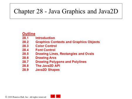  2000 Prentice Hall, Inc. All rights reserved. Chapter 28 - Java Graphics and Java2D Outline 28.1Introduction 28.2Graphics Contexts and Graphics Objects.