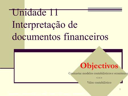 1 Unidade 11 Interpretação de documentos financeiros Copyright © Prentice Hall Inc. 2000. Author: Nick Bagley, bdellaSoft, Inc. Objectivos Contrastar modelos.