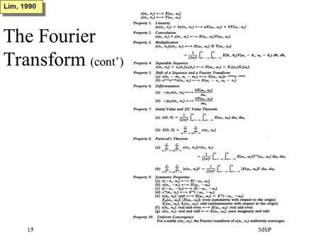 MSP15 The Fourier Transform (cont’) Lim, 1990. MSP16 The Fourier Series Expansion Suppose g(t) is a transient function that is zero outside the interval.