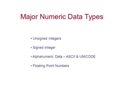 Major Numeric Data Types Unsigned Integers Signed Integer Alphanumeric Data – ASCII & UNICODE Floating Point Numbers.
