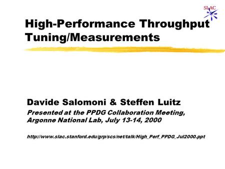 High-Performance Throughput Tuning/Measurements Davide Salomoni & Steffen Luitz Presented at the PPDG Collaboration Meeting, Argonne National Lab, July.