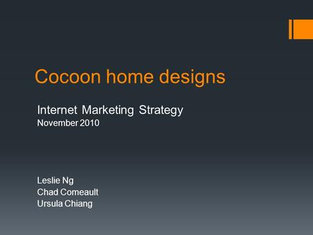Cocoon home designs Internet Marketing Strategy November 2010 Leslie Ng Chad Comeault Ursula Chiang.