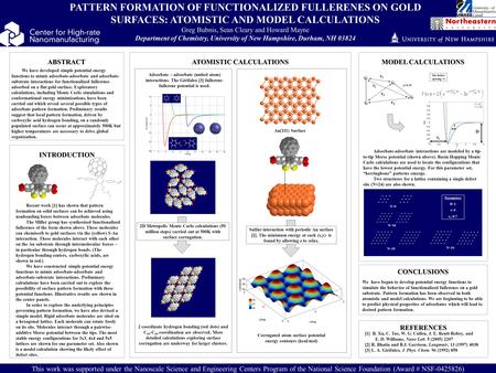 ABSTRACT INTRODUCTION CONCLUSIONS PATTERN FORMATION OF FUNCTIONALIZED FULLERENES ON GOLD SURFACES: ATOMISTIC AND MODEL CALCULATIONS Greg Bubnis, Sean Cleary.