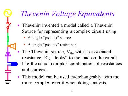 1 Thevenin Voltage Equivalents w Thevenin invented a model called a Thevenin Source for representing a complex circuit using A single “pseudo” source A.