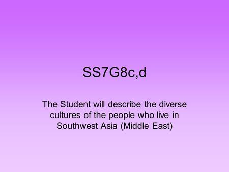 SS7G8c,d The Student will describe the diverse cultures of the people who live in Southwest Asia (Middle East)