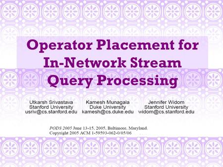 Operator Placement for In-Network Stream Query Processing.