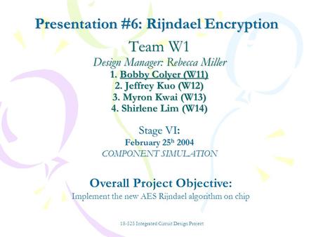 Team W1 Design Manager: Rebecca Miller 1. Bobby Colyer (W11) 2. Jeffrey Kuo (W12) 3. Myron Kwai (W13) 4. Shirlene Lim (W14) Stage VI: February 25 h 2004.