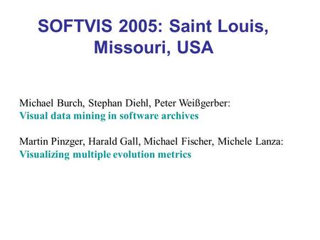 SOFTVIS 2005: Saint Louis, Missouri, USA Michael Burch, Stephan Diehl, Peter Weißgerber: Visual data mining in software archives Martin Pinzger, Harald.