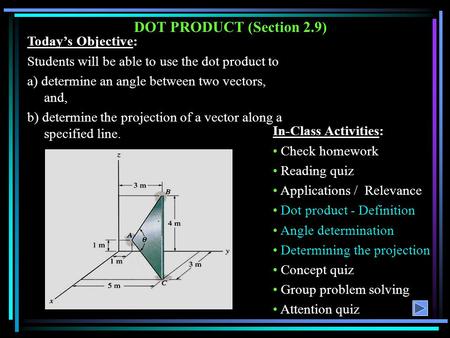 DOT PRODUCT (Section 2.9) Today’s Objective: