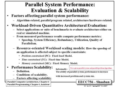 EECC756 - Shaaban #1 lec # 9 Spring2007 5-1-2007 Parallel System Performance: Evaluation & Scalability Factors affecting parallel system performance: –Algorithm-related,