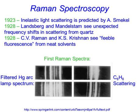Raman Spectroscopy 1923 – Inelastic light scattering is predicted by A. Smekel 1928 – Landsberg and Mandelstam see unexpected frequency shifts in scattering.