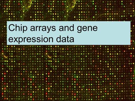 Chip arrays and gene expression data. With the chip array technology, one can measure the expression of 10,000 (~all) genes at once. Can answer questions.