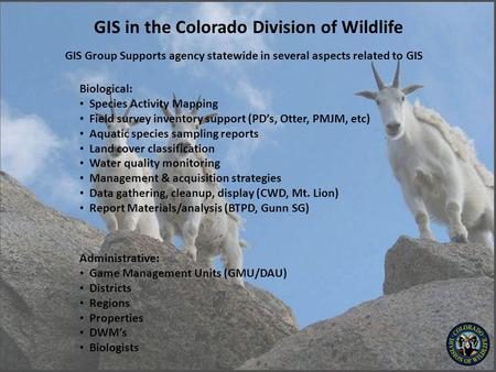 GIS in the Colorado Division of Wildlife Biological: Species Activity Mapping Field survey inventory support (PD’s, Otter, PMJM, etc) Aquatic species sampling.