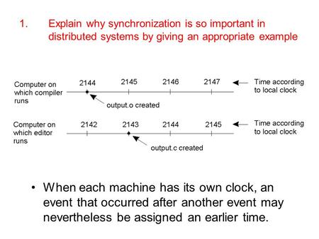 1.	Explain why synchronization is so important in distributed systems by giving an appropriate example When each machine has its own clock, an event that.