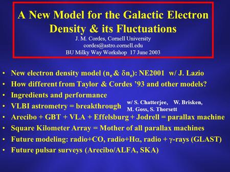 A New Model for the Galactic Electron Density & its Fluctuations J. M. Cordes, Cornell University BU Milky Way Workshop 17 June.