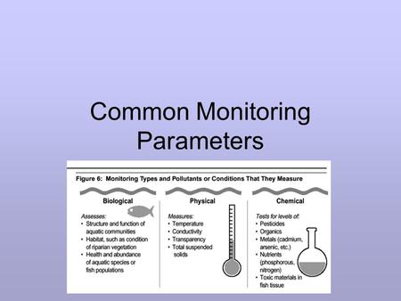 Common Monitoring Parameters. Step 1 Consider purpose/objectives of monitoring Assess use attainment Characterize watershed Identify pollutants and sources.