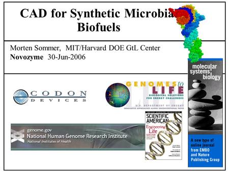 Morten Sommer, MIT/Harvard DOE GtL Center Novozyme 30-Jun-2006 CAD for Synthetic Microbial Biofuels.