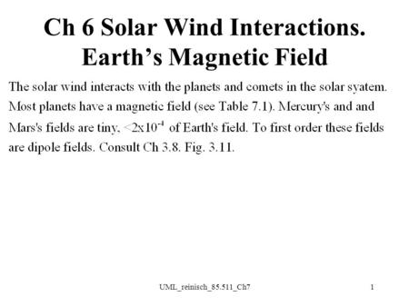 Ch 6 Solar Wind Interactions. Earth’s Magnetic Field