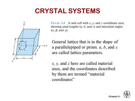 Chapter 3- CRYSTAL SYSTEMS General lattice that is in the shape of a parallelepiped or prism. a, b, and c are called lattice parameters. x, y, and z here.