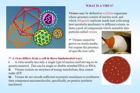 WHAT IS A VIRUS? Viruses may be defined as acellular organisms whose genomes consist of nucleic acid, and which obligately replicate inside host cells.