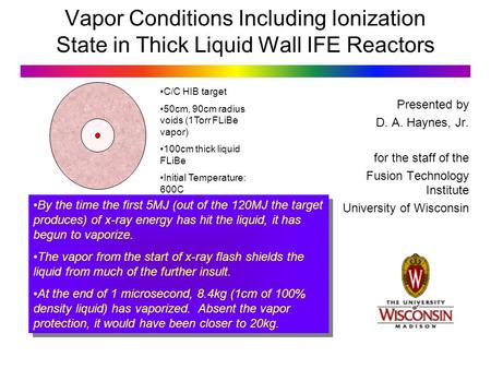 Vapor Conditions Including Ionization State in Thick Liquid Wall IFE Reactors Presented by D. A. Haynes, Jr. for the staff of the Fusion Technology Institute.