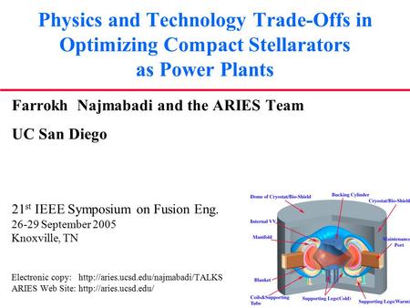 Physics and Technology Trade-Offs in Optimizing Compact Stellarators as Power Plants Farrokh Najmabadi and the ARIES Team UC San Diego 21 st IEEE Symposium.