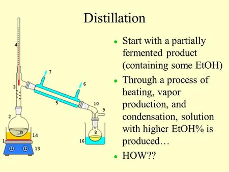 Distillation l l Start with a partially fermented product (containing some EtOH) l l Through a process of heating, vapor production, and condensation,