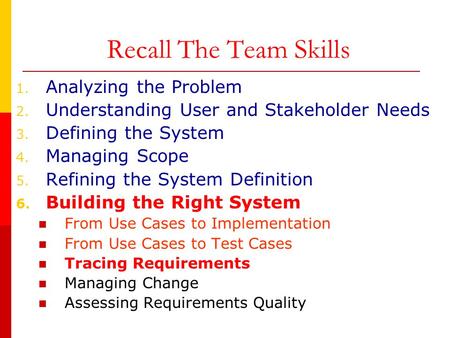 Recall The Team Skills 1. Analyzing the Problem 2. Understanding User and Stakeholder Needs 3. Defining the System 4. Managing Scope 5. Refining the System.