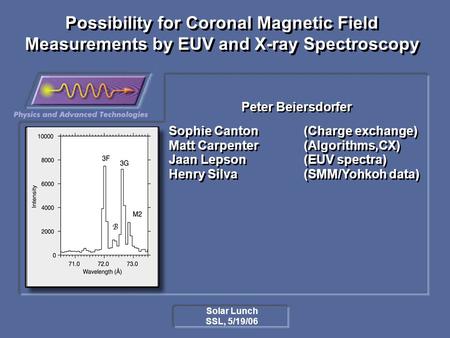 Possibility for Coronal Magnetic Field Measurements by EUV and X-ray Spectroscopy Sophie Canton (Charge exchange) Matt Carpenter (Algorithms,CX) Jaan Lepson.