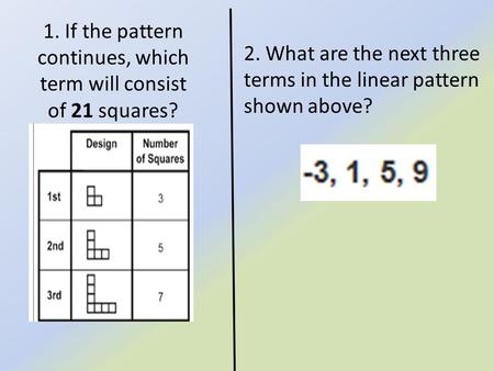 1. If the pattern continues, which term will consist of 21 squares? 2. What are the next three terms in the linear pattern shown above?