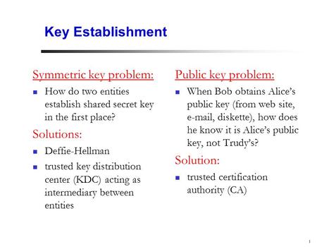 1 Key Establishment Symmetric key problem: How do two entities establish shared secret key in the first place? Solutions: Deffie-Hellman trusted key distribution.